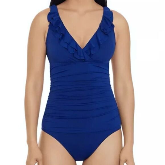 Lauren Ralph Lauren One Piece Swimsuit Blue Ruffles Neck Underwire Size 6 - Picture 1 of 12